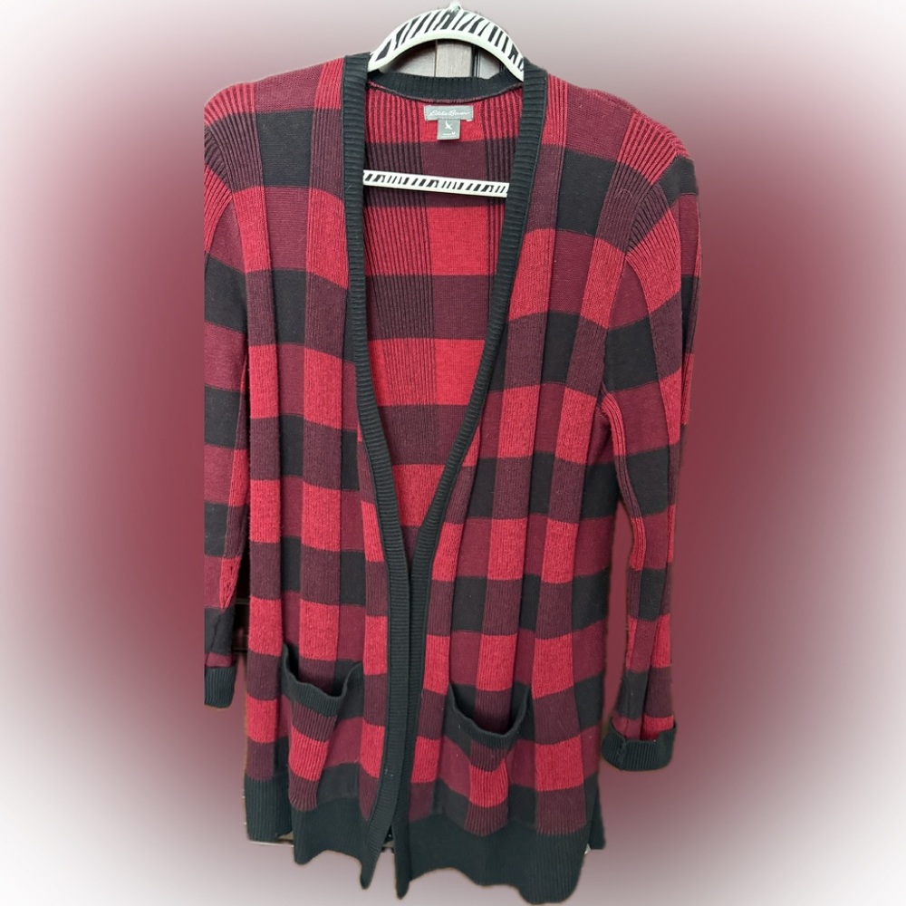 Eddie Bauer Red Buffalo Plaid Open Front
Cardigan Sweater, Size M